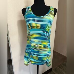 Marika Magic Striped Blue, Green and Yellow Women's Ruche Racerback Top,  Large